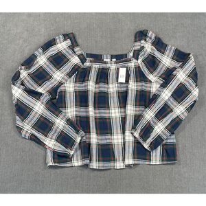 GAP Blouse Women L Navy Green Red Plaid Long Sleeve Peasant Top Holiday‎ Look